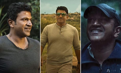 A collage of stills featuring Puneeth Rajkumar in Gandhada Gudi