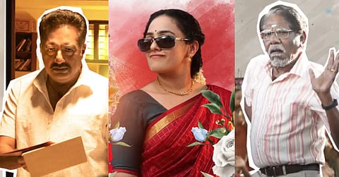 The character posters of Prakash Raj, Nithya Menen and Bharathiraja in Thiruchitrambalam