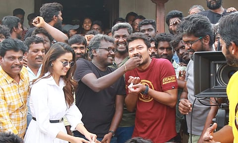 Keerthy Suresh, Mari Selvaraj and Udhayanidhi Stalin from the sets of Maamannan