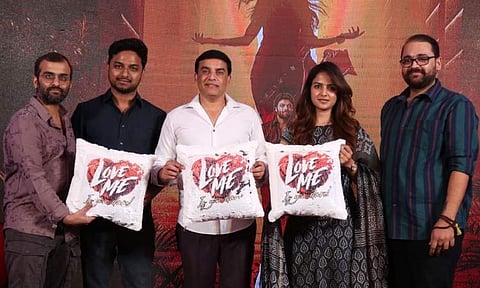 Love Me producer Dil Raju (white shirt) with the film's director and actors