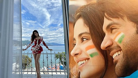 Janhvi Kapoor (left) and a poster from Mr. & Mrs. Mahi