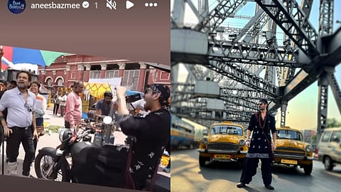 A screenshot from Anees Bazmee's story (left) and Kartik Aaryan in Kolkata for the film's shooting.