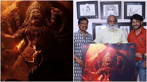 K V Vijayendra Prasad (C) with Dhruva Vaayu (R) and Mamidi Harikrishna (L) at the first look launch event of Kalinga
