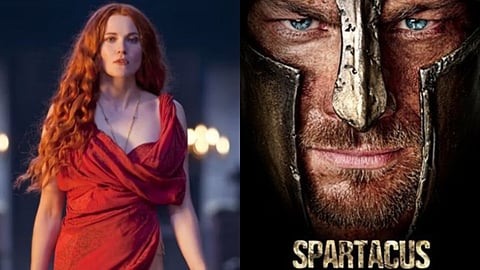 Lucy Lawless (L) and a poster of Spartacus (R)