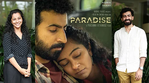 (L to R) Darshana Rajendran, Poster of Paradise, Roshan Mathew