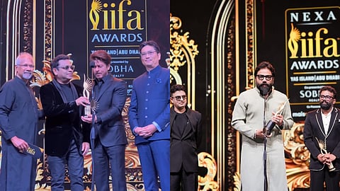Shah Rukh Khan receives the award for Best Actor from Mani Ratnam and A.R. Rahman (left) and Sandeep Reddy Vanga holds the Best Picture trophy for Animal