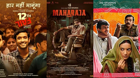 (from left) Posters of 12th Fail, Maharaja and Laapataa Ladies