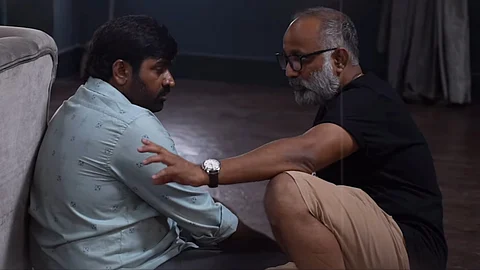Vijay Sethupathi and director Kishor Pandurang Belekar on the sets of Gandhi Talks