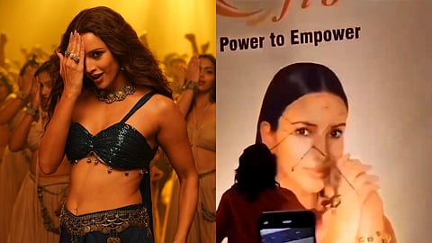 Triptii Dimri in Vicky Vidya Ka Woh Wala Video (Ieft) and a woman defacing the actor's poster after she allegedly failed to show up for an event in Jaipur