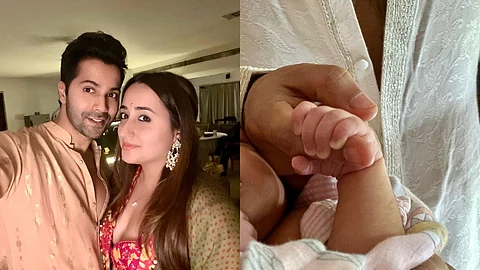 Varun Dhawan with wife Natasha Dalal (left) and a glimpse of their daughter Lara