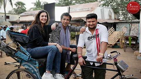 (from left) Sarah Hopkins, Anshuman Jha and Ashish Dubey on sets of the film