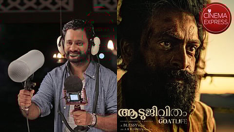 Resul Pookutty (L), Poster of Aadujeevitham 