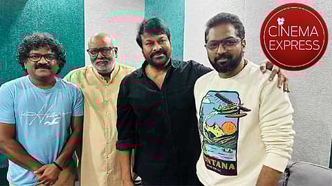 Chandrabose (L), MM Keeravani, Chiranjeevi and Mallidi Vassishta (R)