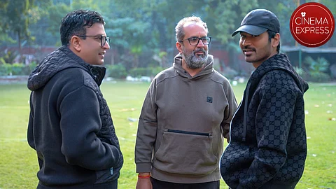 (from left) Producer Bhushan Kumar, director Aanand L Rai and actor Dhanush at the sets of Tere Ishk Mein