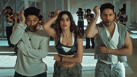 Guru Randhawa (L), Janhvi Kapoor (M) and Varun Dhawan (R) in the song 'Perfect'