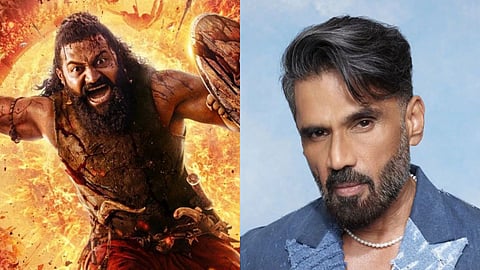Rishab Shetty in a poster for Kantara: Chapter 1 (L) and Suniel Shetty (R)