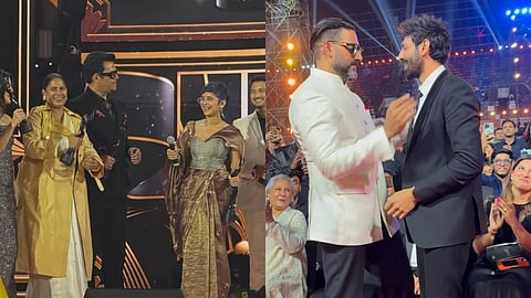 Laapataa Ladies team (left) and Abhishek Bachchan and Kartik Aaryan at the Filmfare awards