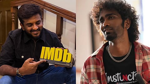 Ashwath Marimuthu posing with the IMDb memento; Pradeep Ranganathan's still from Dragon