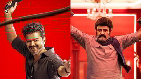 L - Vijay in a poster from Jana Nayagan; R - Nandamuri Balakrishna in a still from Bhagavanth Kesari
