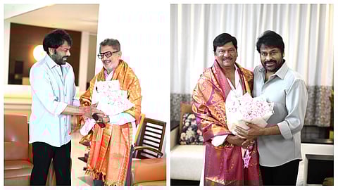Chiranjeevi visits Padma awardees Murali Mohan and Rajendra Prasad