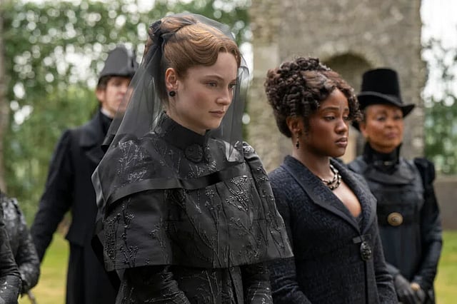 Francesca and Michaela in the funeral scene of Bridgerton 4