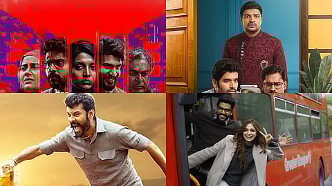 Clockwise from Top Left: Posters for Oh Butterfly, Mustafa Mustafa, Kadhal Reset Repeat, Vadam