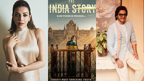 (from left) Kajal Aggarwal, a poster from The India Story and Shreyas Talpade