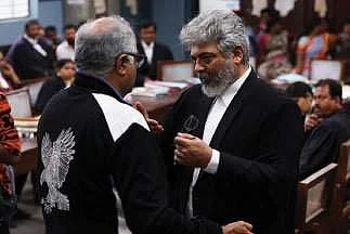 Ajith Kumar with the producer Boney Kapoor on the film's court sets.