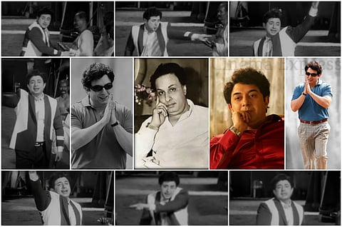 Arvind Swami brings alive the iconic look of MGR from his 'Ungal Veettu Pillai' song from the 1968 film, Pudhiya Boomi. The film also starred J Jayalalithaa as the female lead.