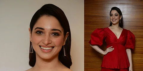 Here are a few stills of Tamannah from Gurthunda Seethakalam's press meet. The film is directed and produced by Nagashekar and stars Satyadev Kancharana. It is the official remake of Love Mocktail.