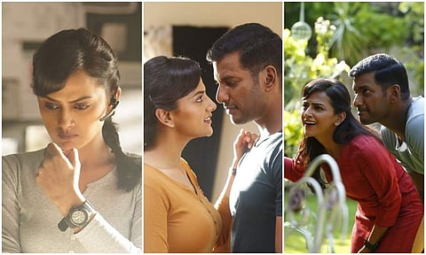Here are a few stills from Vishal and Shraddha Srinath's upcoming hacker drama Chakra. The action film is directed by debutant filmmaker MS Anandan and has music by Yuvan Shankar Raja.