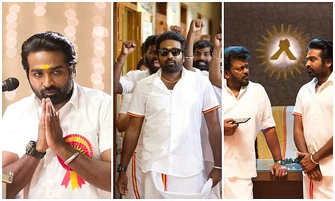 Latest stills from Vijay Sethupathi's upcoming political satire film Tughlaq Durbar diected by debutant director Delhi Prasad Deenadayal