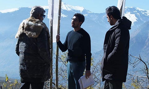 A behind-the-scene photo of Amitabh Bachchan, Ayan Mukerji and Ranbir Kapoor